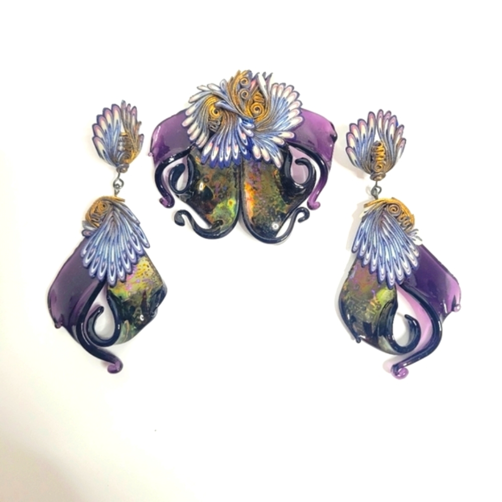 Vintage hand made in Poland purple stained glass brooch and earrings set